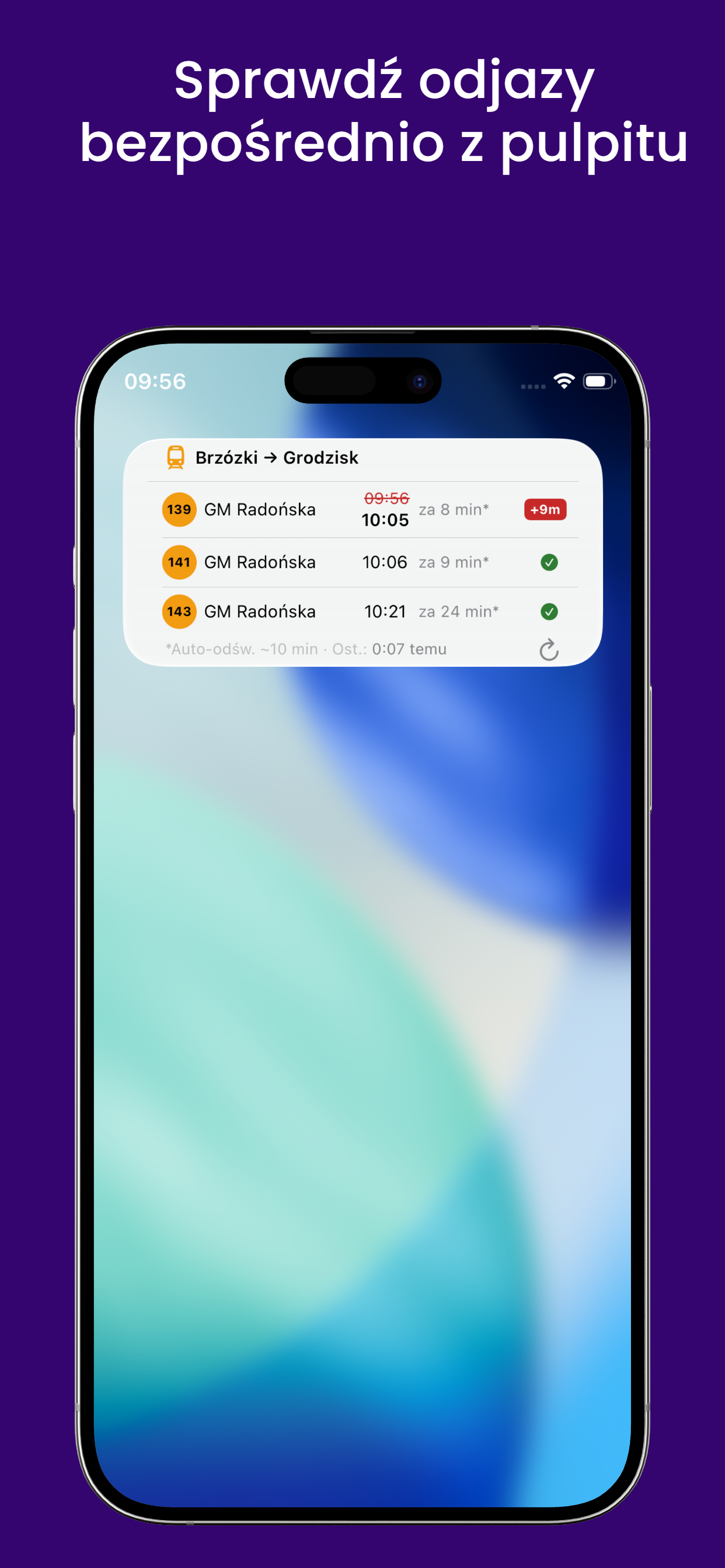 Widget na ekranie głównym z odjazd pociągów WKD